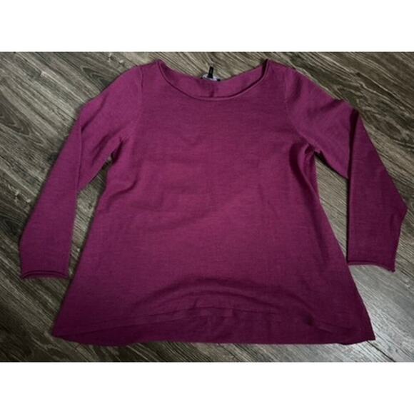Eileen Fisher Purple 100% Merino Wool Bateau Neck Box Hi/Low Sleeve Sweater - Picture 1 of 6